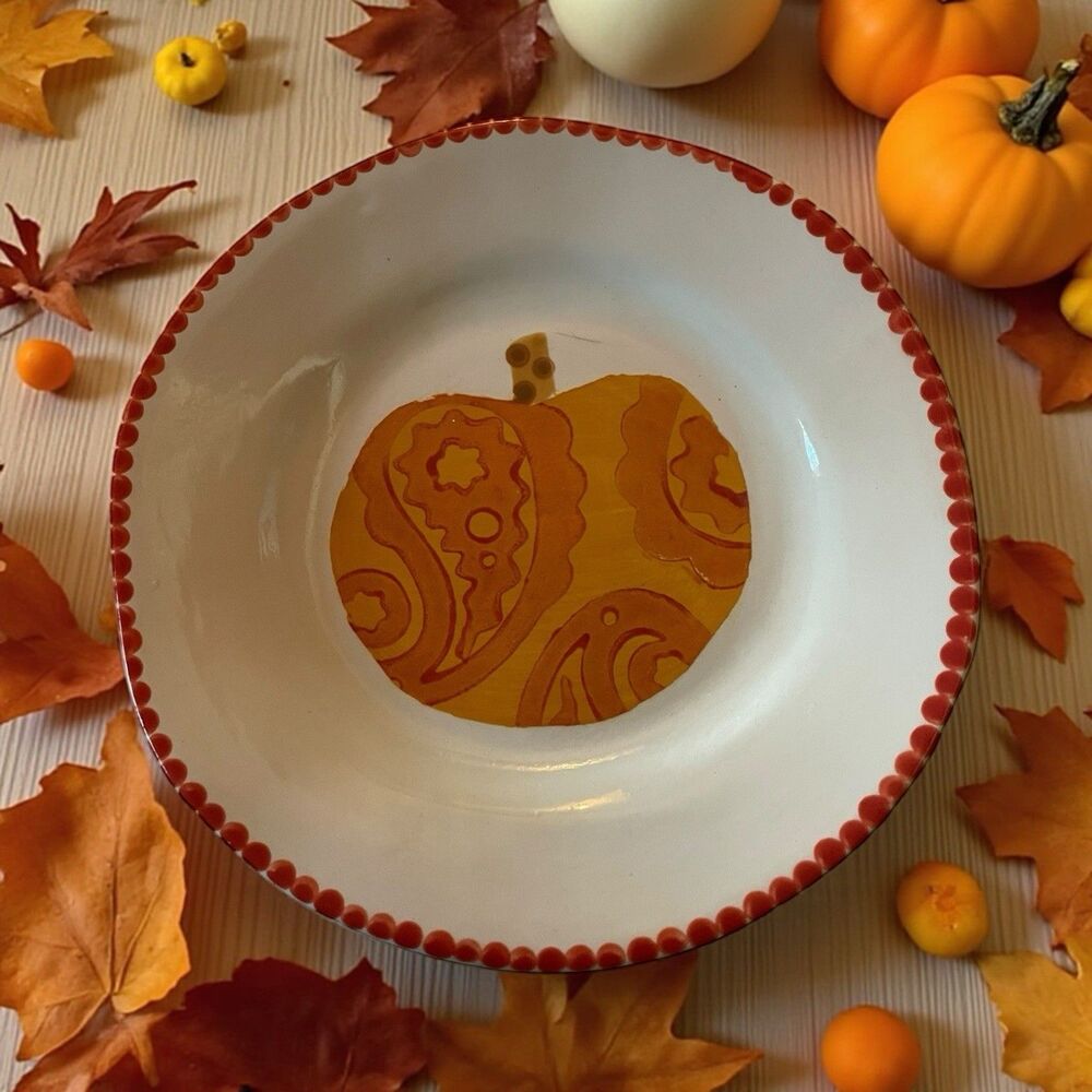 Handpainted Pottery Plate With Pumpkin Design 8” Signed